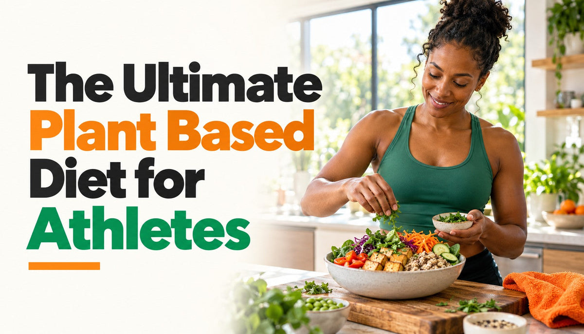 Athlete preparing a colorful plant-based meal in a sunlit kitchen.