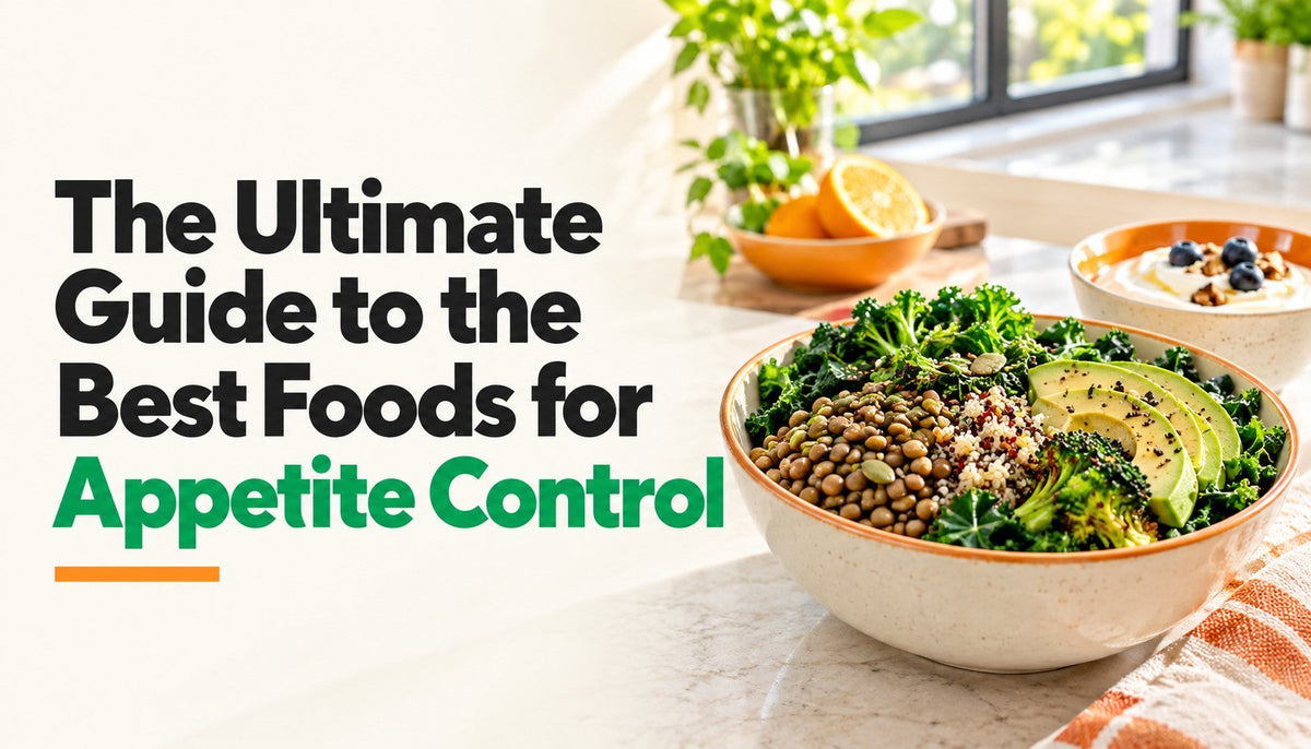 Satisfying foods including lentils, greens and yogurt on a sunlit kitchen island.