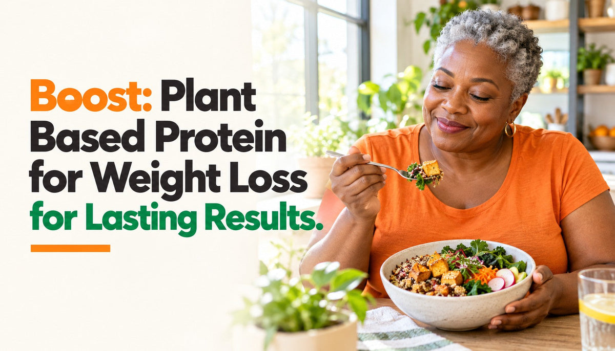 Woman enjoying a nourishing plant-based meal at a bright kitchen table.