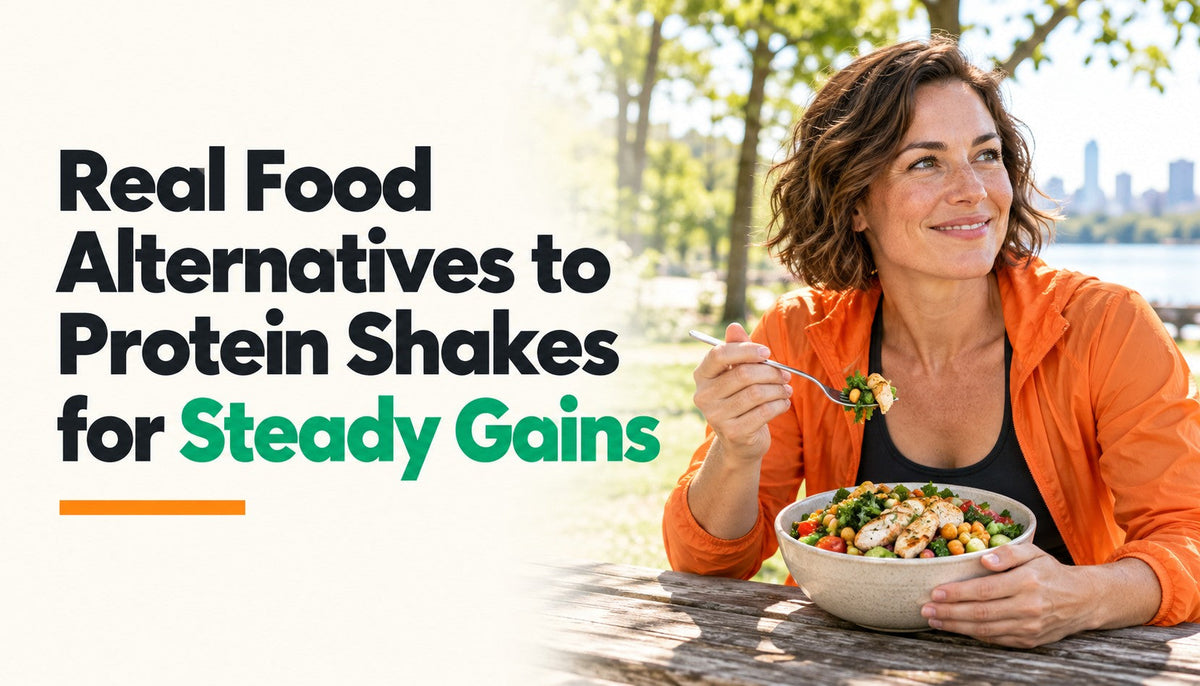 Woman enjoying a protein-rich meal outdoors at a sunny park picnic bench.