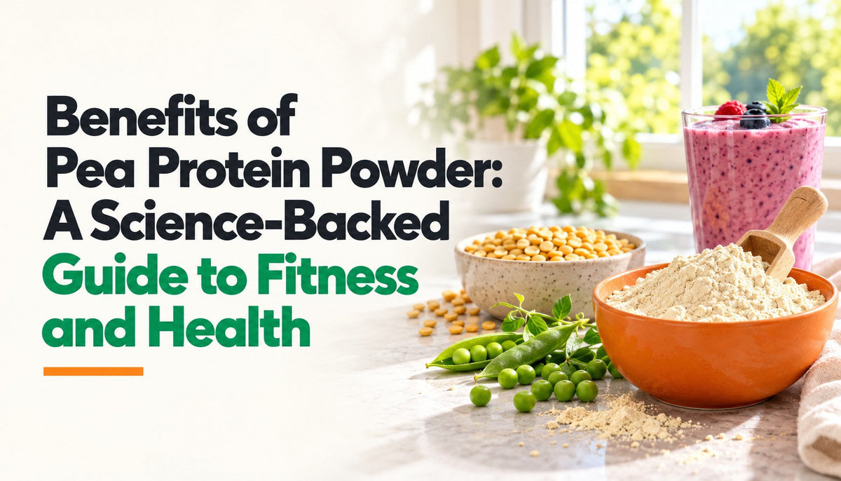 Pea protein powder, peas and a smoothie beside an open sunny window.