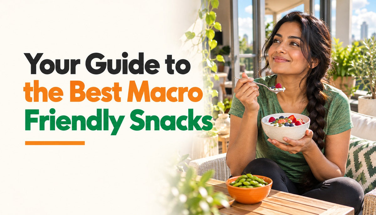 Woman enjoying balanced snacks on a sunlit balcony.