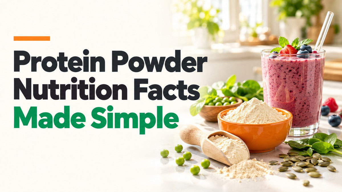 Protein powder and smoothie ingredients on a bright kitchen island.