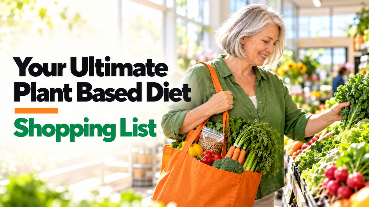 Your Ultimate Plant Based Diet Shopping List, with a woman choosing leafy greens and vegetables in a bright grocery store.