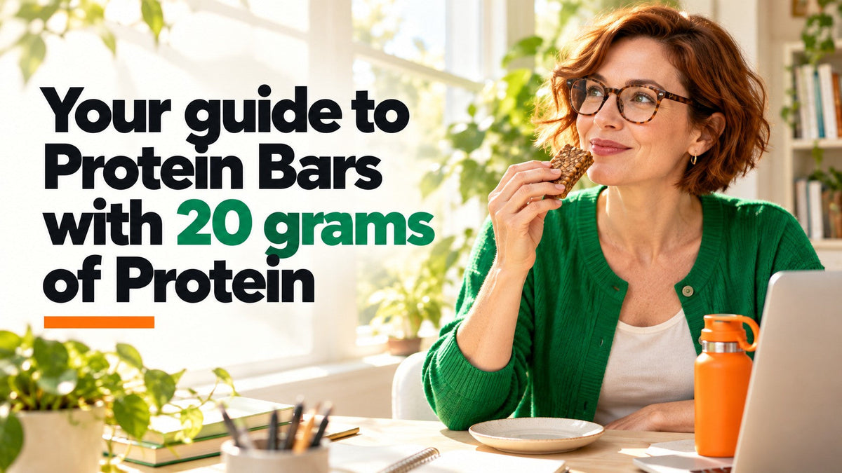 Your guide to Protein Bars with 20 grams of Protein, with a woman enjoying an unwrapped bar during a sunny home-office break.