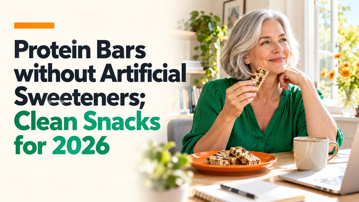 Woman enjoying a nut and seed bar in a sunlit home office.