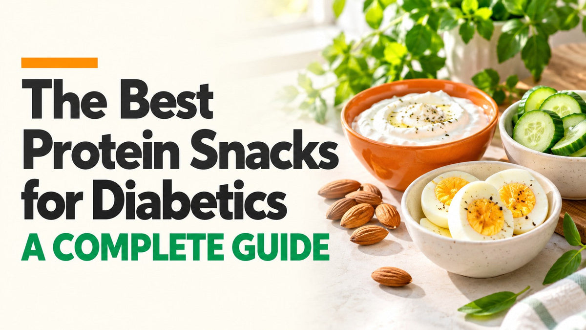 Protein snack ingredients including eggs, yogurt and almonds in bright natural light.