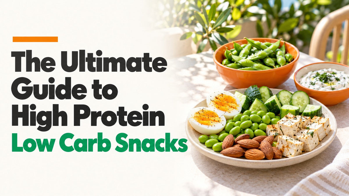 Protein snacks including eggs, edamame and almonds on a bright patio table.