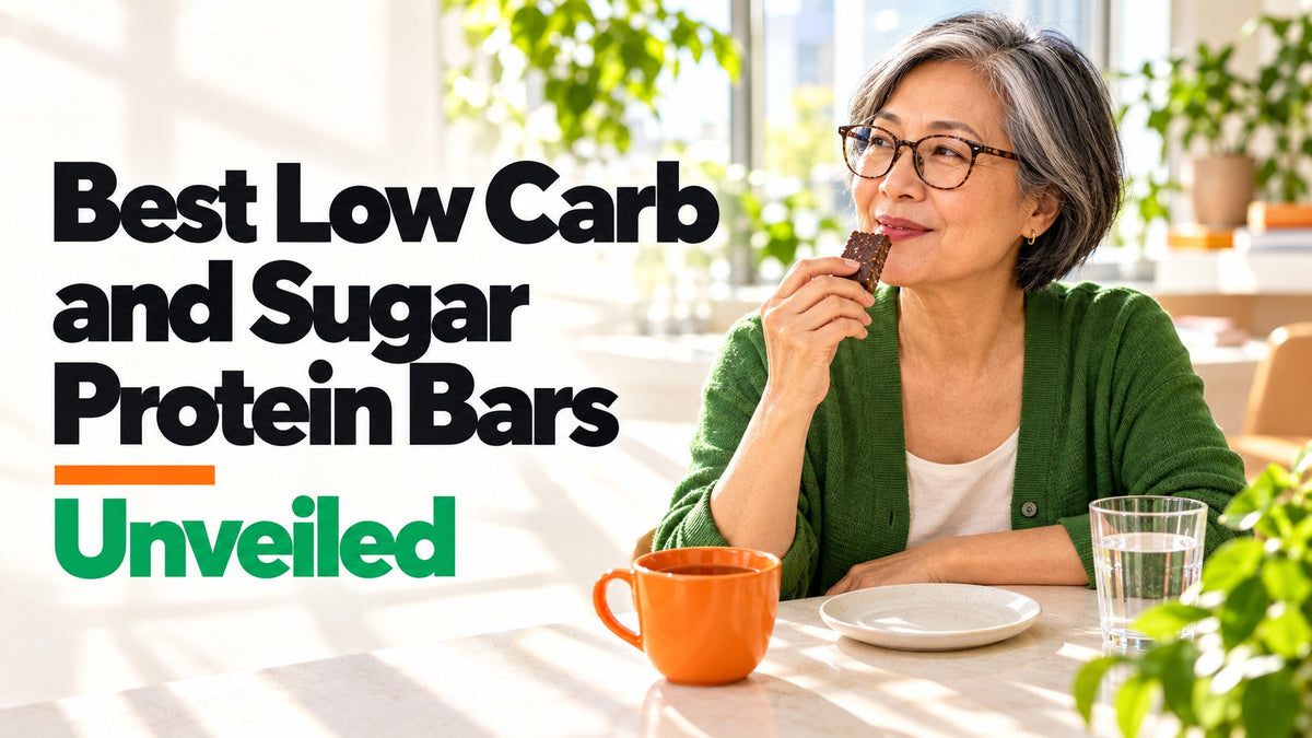 Best Low Carb and Sugar Protein Bars Unveiled, with a woman enjoying an unwrapped bar in a sunny office break area.
