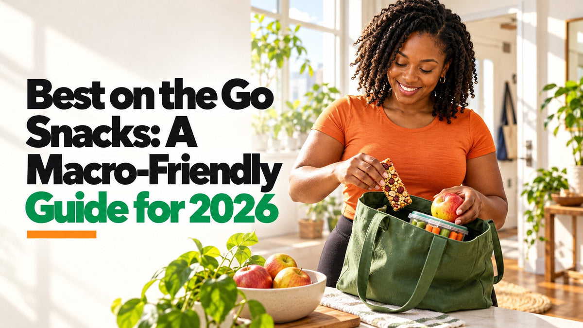 Best on the Go Snacks: A Macro-Friendly Guide for 2026, with a woman packing a bar, apple and reusable snack container into a tote.