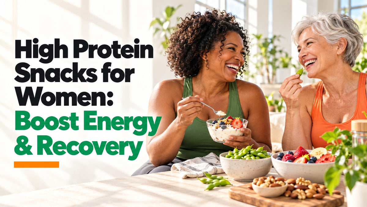 High Protein Snacks for Women: Boost Energy & Recovery, with two women sharing yogurt, edamame and fruit in a bright studio lounge.