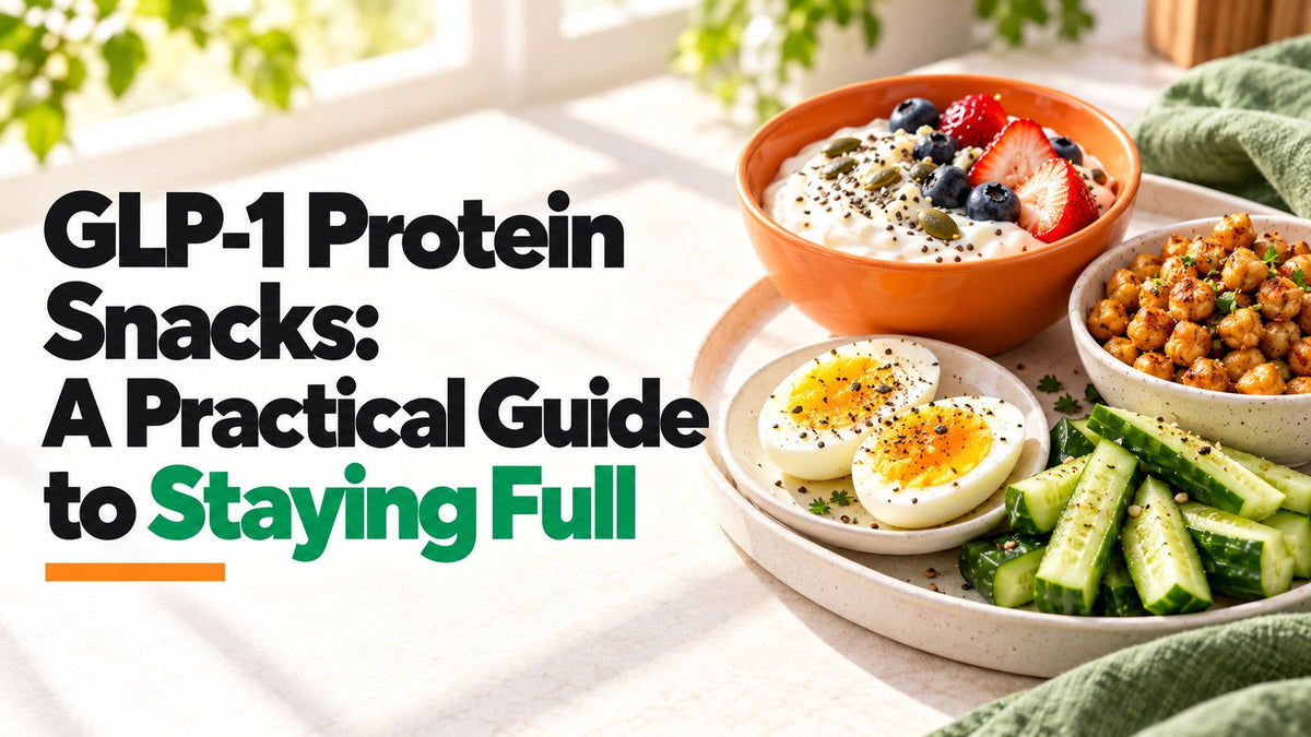 GLP-1 Protein Snacks: A Practical Guide to Staying Full, with a neutral protein-snack spread of yogurt, egg, chickpeas and cucumber.